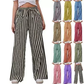 Женские модные полосатые брюки с завязками на талии, широкими карманами и свободными повседневными брюками S