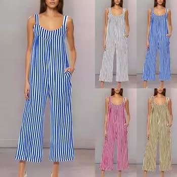 Женские модные полосатые комбинезоны без рукавов с широкими бретелями, свободные летние трендовые комбинезоны с карманами L синий