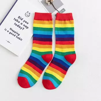 Женские модные полосатые носки в радужной полоске, повседневные хлопковые носки в трубке красный