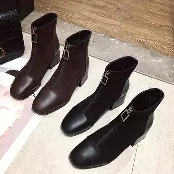 Женские модные полусапоги Модные сапоги с молнией спереди Замшевые сапоги с толстой подошвой на каблуке Кожаные туфли Женская обувь 35-40 35 чёрный