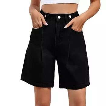 Женские модные потертые удобные повседневные летние джинсовые шорты со средней посадкой и широкими штанинами с карманами L чёрный