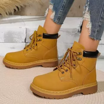 Женские модные повседневные ботинки для отдыха на открытом воздухе 2024 года, зимние новые теплые ботинки на низком каблуке с круглым носком, большие размеры, женская модная трендовая обувь на платформе 35 жёлтый