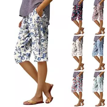 Женские модные повседневные брюки 5/10 с напечатанным карманом и эластичной талией L циан