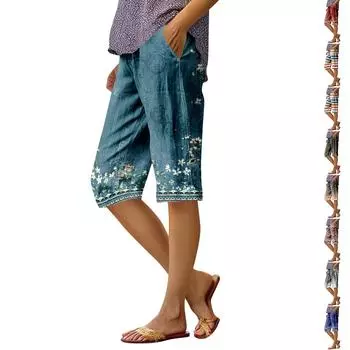 Женские модные повседневные брюки 5/10 с напечатанным карманом и эластичной талией L чёрный