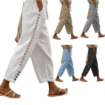 Женские модные повседневные брюки, летние брюки из хлопка и льна, прямые брюки, однотонные девятиминутные брюки XXL белый