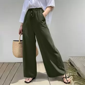 Женские модные повседневные брюки однотонные с высокой талией широкие брюки с карманами L армия зеленый