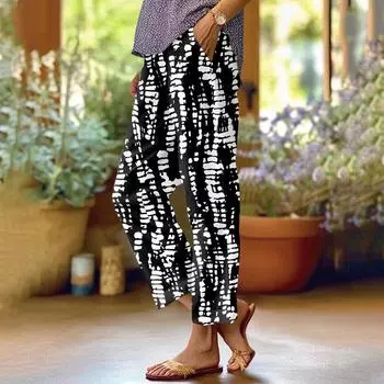 Женские модные повседневные брюки с цветочным принтом, прямые брюки с карманами и эластичной талией L чёрный