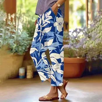 Женские модные повседневные брюки с цветочным принтом, прямые брюки с карманами и эластичной талией L синий