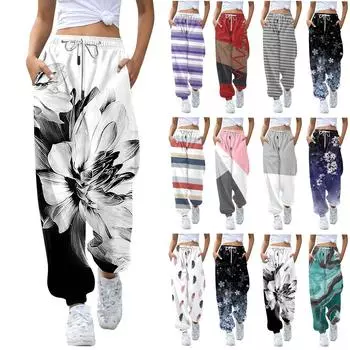 Женские модные повседневные брюки с принтом и эластичным поясом на шнурке L чёрный