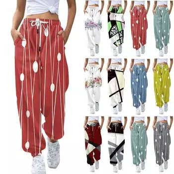 Женские модные повседневные брюки с принтом и эластичным поясом на шнурке L бежевый