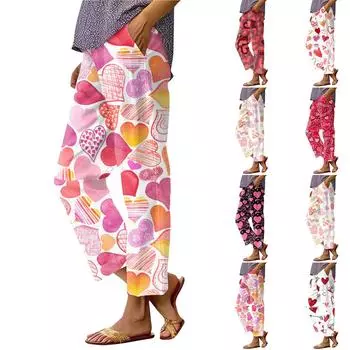 Женские модные повседневные брюки с принтом ко Дню святого Валентина, прямыми карманами и эластичной талией L горячий розовый