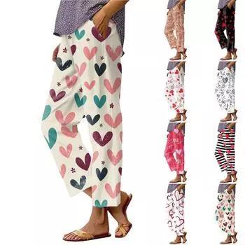 Женские модные повседневные брюки с принтом ко Дню святого Валентина, прямыми карманами и эластичной талией L горячий розовый