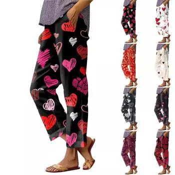 Женские модные повседневные брюки с принтом ко Дню святого Валентина, прямыми карманами и эластичной талией L горячий розовый