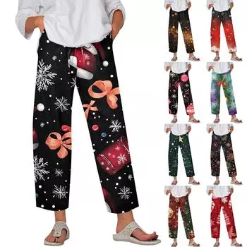 Женские модные повседневные брюки с принтом рождественских снежинок, карманами на шнурке и эластичной талией XXL чёрный