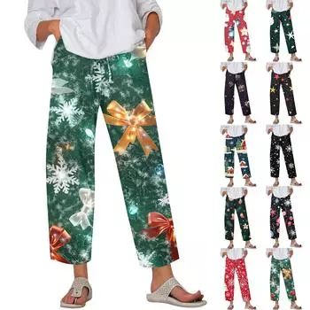 Женские модные повседневные брюки с принтом рождественских снежинок, карманами на шнурке и эластичной талией XL