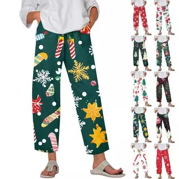 Женские модные повседневные брюки с принтом рождественских снежинок, карманами на шнурке и эластичной талией XXXXXL