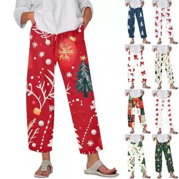 Женские модные повседневные брюки с принтом рождественских елок, карманами на шнурке и эластичной талией XXXXXL