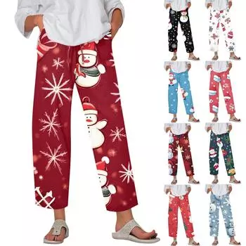 Женские модные повседневные брюки с принтом рождественского снеговика, карманом на шнурке и эластичной талией L