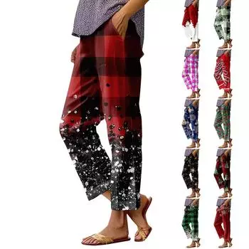 Женские модные повседневные брюки с прямыми карманами и эластичной талией с рождественским принтом XXXXL