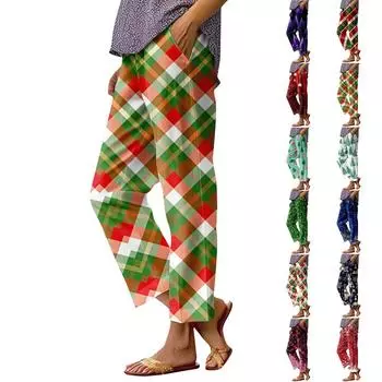 Женские модные повседневные брюки с прямыми карманами и эластичной талией с рождественским принтом XXL винный