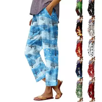 Женские модные повседневные брюки с прямыми карманами и эластичной талией с рождественским принтом XXL красный