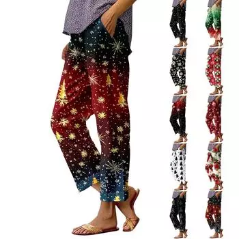 Женские модные повседневные брюки с прямыми карманами и эластичной талией с рождественским принтом XXXXL винный