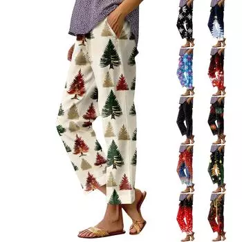 Женские модные повседневные брюки с прямыми карманами и эластичной талией с рождественским принтом XXXXXL синий