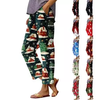 Женские модные повседневные брюки с прямыми карманами и эластичной талией с рождественским принтом XXXL