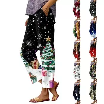 Женские модные повседневные брюки с прямыми карманами и эластичной талией с рождественским принтом L винный