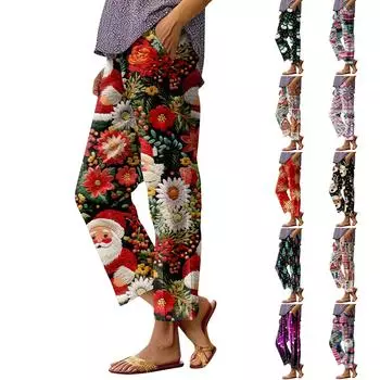 Женские модные повседневные брюки с прямыми карманами и эластичной талией с рождественским принтом XXL киноварь