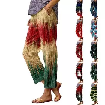 Женские модные повседневные брюки с прямыми карманами и эластичной талией с рождественским принтом S винный