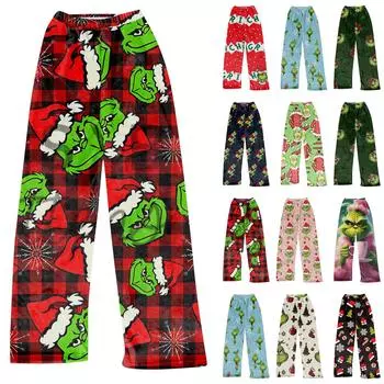 Женские модные повседневные брюки с рождественским принтом, плюшевые домашние спальные брюки L чёрный