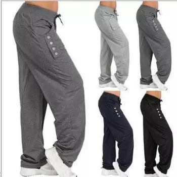 Женские модные повседневные брюки, свободные облегающие брюки со шнуровкой для фитнеса, женские брюки для бега и йоги, свободные широкие брюки с толстой застежкой на пуговицы XXXXXL чёрный