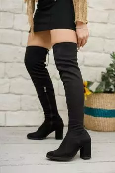 Женские модные повседневные черные эластичные носки, замшевые сапоги выше колена на толстом каблуке, ботфорты на молнии на шнуровке