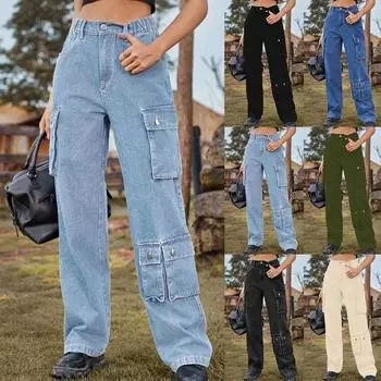 Женские модные повседневные джинсовые брюки-карго с эластичной резинкой на талии и карманами L чёрный