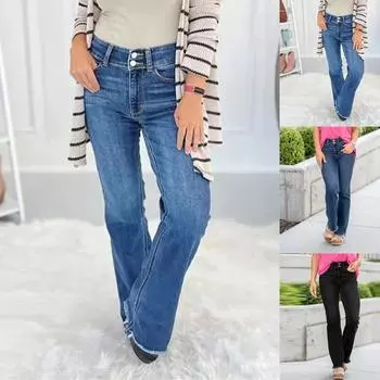 Женские модные повседневные джинсы Micro Flared с бахромой и двойными пуговицами L чёрный