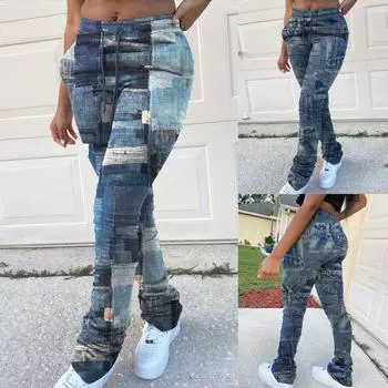 Женские модные повседневные джинсы с принтом, брюки с длинными карманами и ремешком