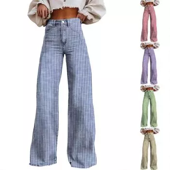 Женские модные повседневные джинсы в полоску, широкие, прямые, с микро-вырезом S зелёный