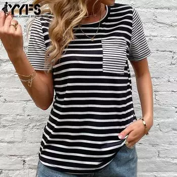 Женские модные повседневные футболки и топы с короткими рукавами и круглым вырезом YYFS в полоску с принтом S чёрный