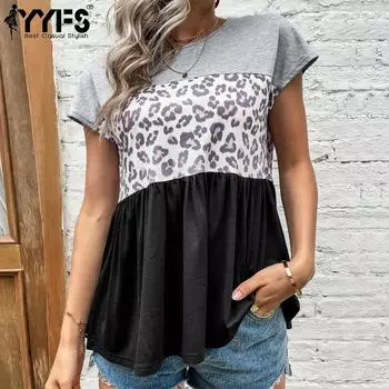 Женские модные повседневные футболки и топы с короткими рукавами и круглым вырезом YYFS с леопардовым принтом S темно серый