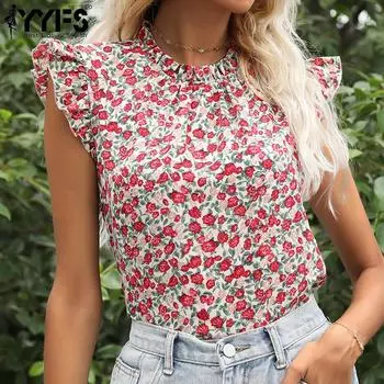 Женские модные повседневные футболки и топы с короткими рукавами и круглым вырезом YYFS с цветочным принтом S красный