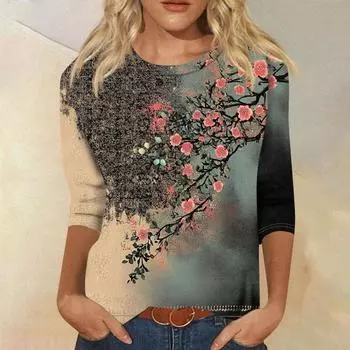 Женские модные повседневные футболки с длинным рукавом и цветочным принтом на воротнике 3D S хаки