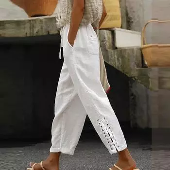Женские модные повседневные хлопчатобумажные тонкие дышащие полые брюки с однотонной строчкой L белый
