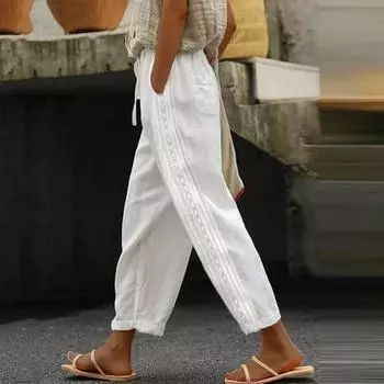 Женские модные повседневные хлопчатобумажные тонкие дышащие полые брюки с однотонной строчкой L белый