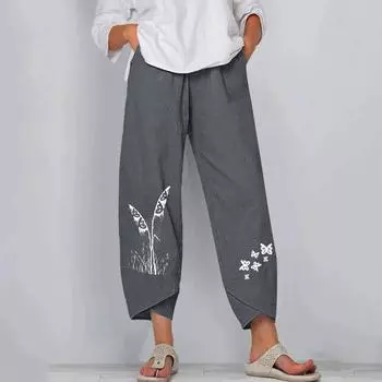 Женские модные повседневные хлопковые и льняные длинные брюки больших размеров, однотонные шаровары с широкими штанинами, свободные простые брюки S серый