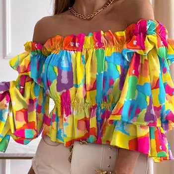 Женские модные повседневные летние блузки и рубашки на одно плечо L синий/зелёный