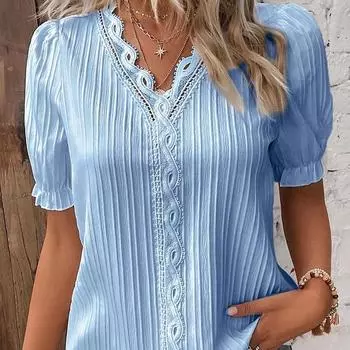 Женские модные повседневные летние весенние однотонные блузки и рубашки с v-образным вырезом и короткими рукавами с принтом S