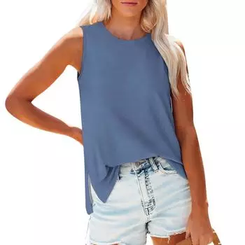 Женские модные повседневные летние весенние однотонные блузки и рубашки без рукавов с круглым вырезом и принтом S белый