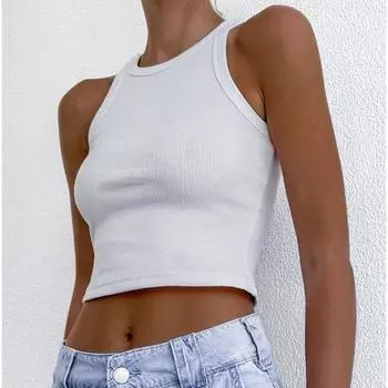 Женские модные повседневные летние весенние однотонные блузки и рубашки без рукавов с круглым вырезом и принтом S белый