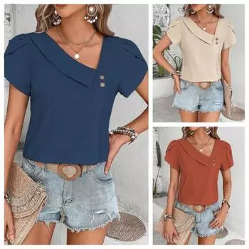 Женские модные повседневные летние весенние однотонные блузки и рубашки с короткими рукавами с принтом S синий